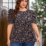 Clasi Blusa De a Grande Para Mujer Con Manga Corta Y Abullonada, Estampado Floral