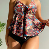 Swim Conjunto De Tankini Para Mujeres Con Diseno Floral, Cuello Halter Y Parte Frontal Con Huecos