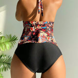 Swim Conjunto De Tankini Para Mujeres Con Diseno Floral, Cuello Halter Y Parte Frontal Con Huecos