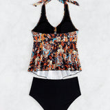 Swim Conjunto De Tankini Para Mujeres Con Diseno Floral, Cuello Halter Y Parte Frontal Con Huecos