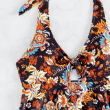 Swim Conjunto De Tankini Para Mujeres Con Diseno Floral, Cuello Halter Y Parte Frontal Con Huecos