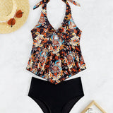 Swim Conjunto De Tankini Para Mujeres Con Diseno Floral, Cuello Halter Y Parte Frontal Con Huecos