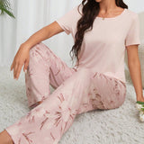 Conjunto De Pijama De Camiseta De Manga Corta Con Cuello Redondo Y Pantalones Con Estampado Floral Para Mujer