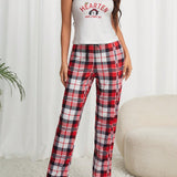 Women's Cartoon Letter Print Cami Top With Plaid Pants Pajamas Set