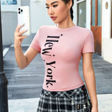 Camiseta Estampada Con Letras Para Mujer