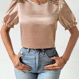 Blusa Con Cuello Redondo, Dobladillo De Volante Y Punos De Manga