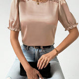 Blusa Con Cuello Redondo, Dobladillo De Volante Y Punos De Manga