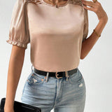 Blusa Con Cuello Redondo, Dobladillo De Volante Y Punos De Manga