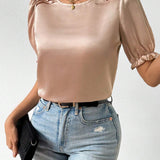 Blusa Con Cuello Redondo, Dobladillo De Volante Y Punos De Manga