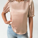 Blusa Con Cuello Redondo, Dobladillo De Volante Y Punos De Manga