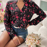 Camisa Casual Para Mujer Con Estampado De Rosa Romantica Y Cuello De Chaqueta