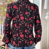 Camisa Casual Para Mujer Con Estampado De Rosa Romantica Y Cuello De Chaqueta