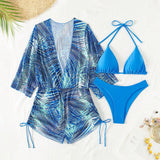 Conjunto De Bikini De Color Solido Con Cubierta Estampada Tropical, Traje De Bano De Playa