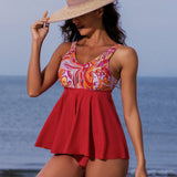 Swim Vcay Conjunto tankini con top de tanque de estampado de cachemira con dobladillo de volantes y Bottom de triangulo