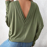 Camiseta De Mujer Verde Con Cuello En V Y Espalda De Capas Multiples