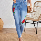 LUNE Jeans De Mujer Entallados Con Bordado Floral Y Lavado De Agua