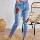 LUNE Jeans De Mujer Entallados Con Bordado Floral Y Lavado De Agua