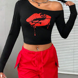 EZwear Camiseta De Tricot Holgada Con Patron De Labios Rojos Y Cabeza De Calavera Para El Dia De San Valentin