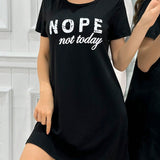 Vestido Casual De Manga Corta Para Dormir Con Estampado De Letras Y Cuello Redondo Para Mujer