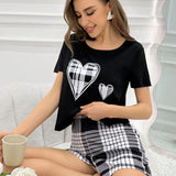 Conjunto De Pijama Casual De Verano Para Mujer, Top De Manga Corta Con Estampado De Corazones Y Pantalones Cortos A Cuadros