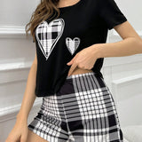 Conjunto De Pijama Casual De Verano Para Mujer, Top De Manga Corta Con Estampado De Corazones Y Pantalones Cortos A Cuadros