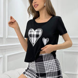 Conjunto De Pijama Casual De Verano Para Mujer, Top De Manga Corta Con Estampado De Corazones Y Pantalones Cortos A Cuadros