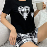 Conjunto De Pijama Casual De Verano Para Mujer, Top De Manga Corta Con Estampado De Corazones Y Pantalones Cortos A Cuadros