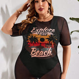 Swim Curve Traje De Bano Con Estampado De Letra De Palmera Para Mujeres De Talla Grande, Festival De Musica