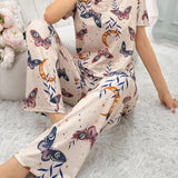 Conjunto De Pijama Con Pantalon Y Top De Manga Corta Con Estampado De Mariposas, 2 Unids/set