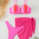 3pcs/Set Women'S Colorblock Swimsuit With Underwire