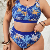 Swim Lushore Conjunto de bikini de talla grande para mujer con estampado de arboles de coco