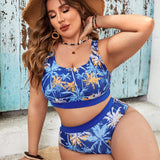 Swim Lushore Conjunto de bikini de talla grande para mujer con estampado de arboles de coco