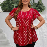 Camisa roja elegante de lunares rojos y blancos con volantes y mangas de volantes para mujeres de a grande para la primavera