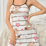 Vestido De Dormir Con Estampado De Osito De Bano Con Rayas Blancas Y Globos