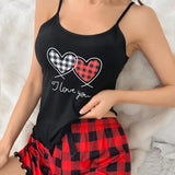 Juego De Pijama Para Mujeres Con Top De Manga Corta Con Eslogan Y Grafico De Corazon Y Pantalones Cortos De Cuadros Gingham