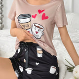 Conjunto De Ropa Para El Hogar, CamiConjuntoa De Manga Corta Y Pantalones Cortos Con Corazon De Amor Con Estampado De Taza De Dibujos Animados