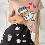 Conjunto De Ropa Para El Hogar, CamiConjuntoa De Manga Corta Y Pantalones Cortos Con Corazon De Amor Con Estampado De Taza De Dibujos Animados