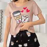 Conjunto De Ropa Para El Hogar, CamiConjuntoa De Manga Corta Y Pantalones Cortos Con Corazon De Amor Con Estampado De Taza De Dibujos Animados