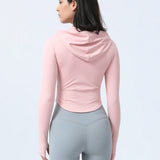 Chaqueta deportiva con capucha para mujer, adecuada para deportes al aire libre, ejercicio y fitness, con agujeros para el dedo pulgar