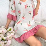 Vestido De Dormir Con Estampado Floral Y Dobladillo Con Volantes Para Mujer