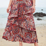 VCAY Plus Size Peplum Hem & Layered Flounced Paisley Printed Vacation Skirt