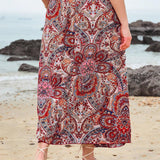 VCAY Plus Size Peplum Hem & Layered Flounced Paisley Printed Vacation Skirt