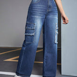 EZwear Jeans Estilo Cargo Con Dobladillo Deshilachado Para Mujer