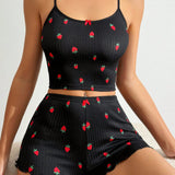 Conjunto De Pijama Con Estampado De Fresas De Talla Grande Para Mujer