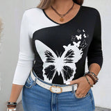 Essnce Plus Size Women's Butterfly Printed Color Block Long Sleeve T-Shirt