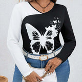 Essnce Plus Size Women's Butterfly Printed Color Block Long Sleeve T-Shirt