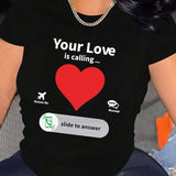 SXY Plus Size Women's Love Heart Print Round Neck T-Shirt With Slogan