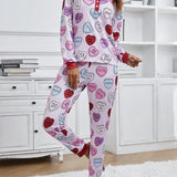 Conjunto De Pijama De Manga Larga Y Pantalon Para Mujer Con Estampado De Carta Y Corazon