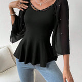 Clasi Blusa De Manga De Malla Para Mujer Con Dobladillo Con Volantes