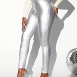 SXY Pantalones de mujer ajustados de cintura alta con acabado metalico